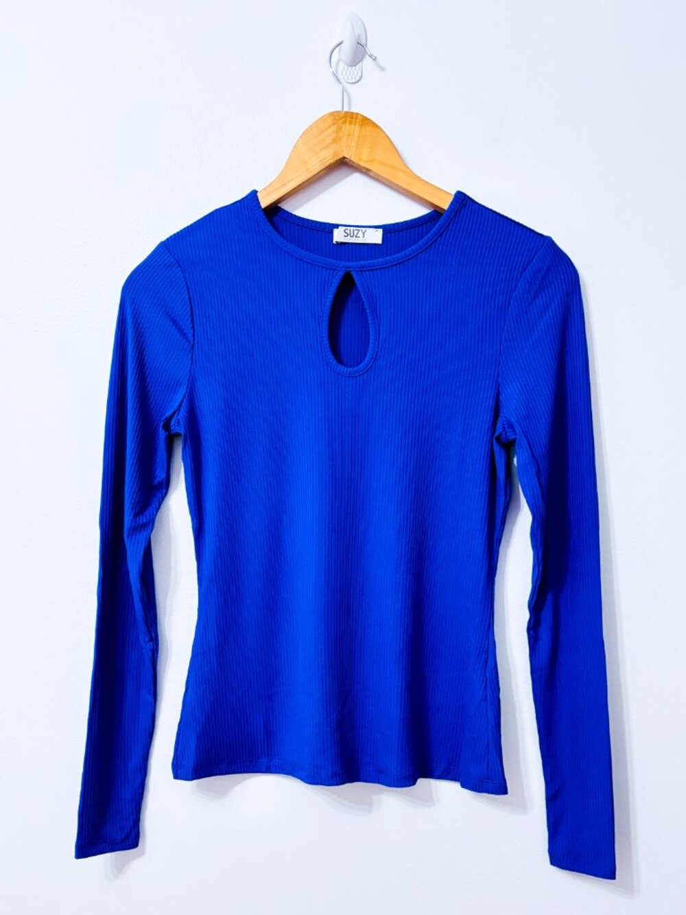 SUZY SHIER Indigo Ribbed Top | Keyhole Fitted Minimalist | X-Small